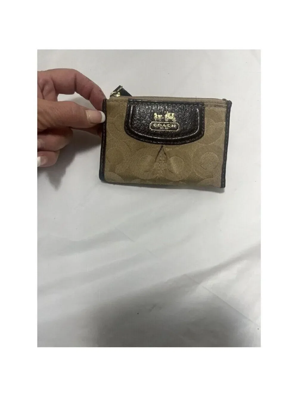Coach Madison Op Art Mini Skinny Signature ID Card Coin Purse Khaki Brown
